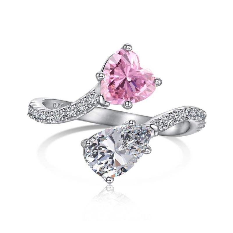 STL30164 US$12.4  Sterling Silver Rhodium Plated 8a Crushed Iced Out Cut Two-stone Women Open Ring