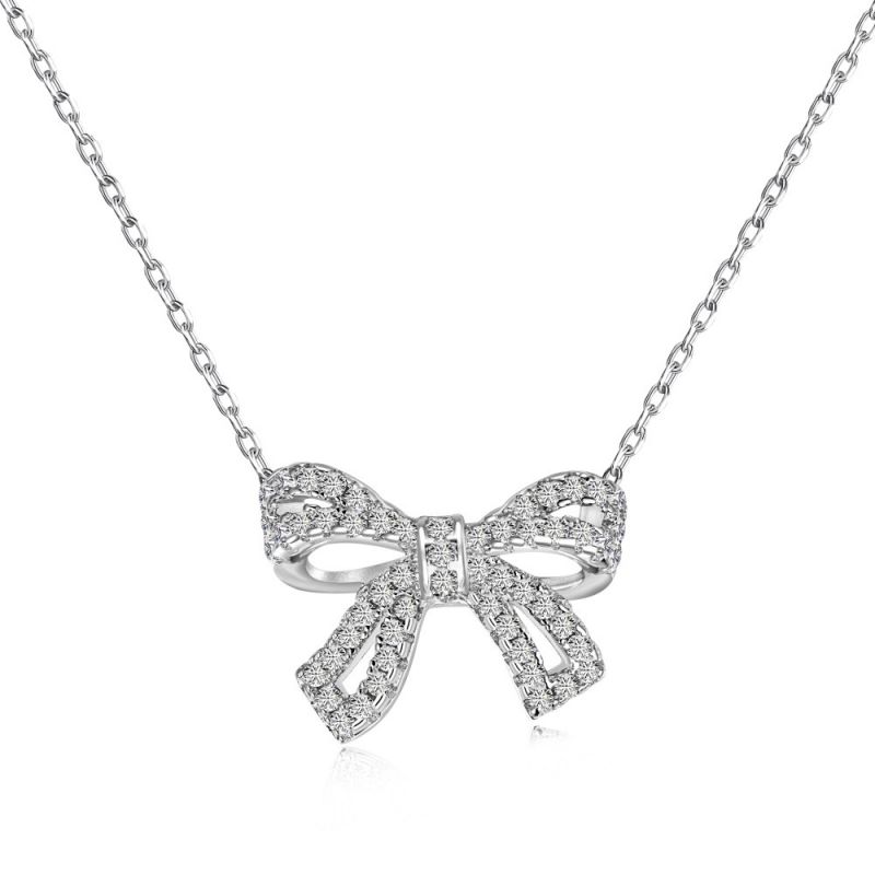 STL30162 US$8.5 Silver Chain High Carbon Diamond Zircon Charm Necklace Bow Pendant Necklace For Women